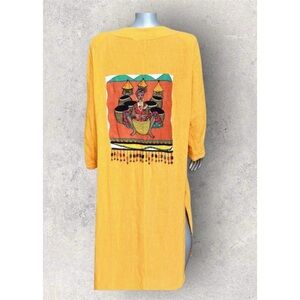 Vintage African Graphic Print Beaded Kaftan Duster Marigold Yellow